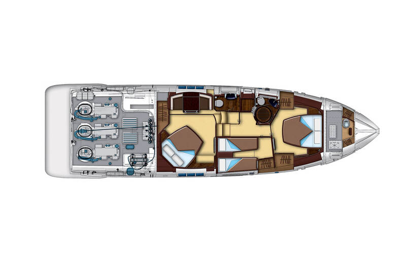 Нижняя палуба (показано расположение двигателей) Azimut 55S